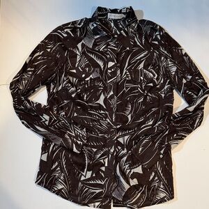 Tory Burch Brown White jungle Leaf Print Blouse sz 8 safari vacation EUC Shirt